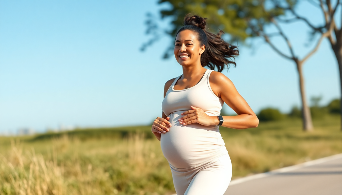woman early in pregnancy running with a smile on her face with cream coloured workout clothes on