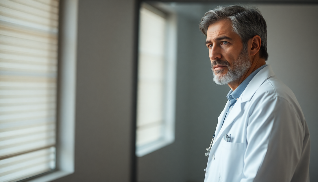 middle aged man looking sad speaking to a doctor